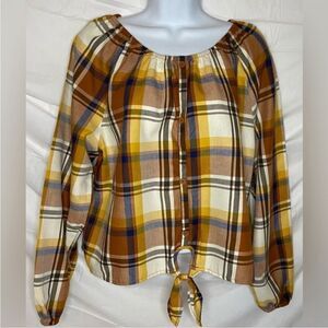 Womens Plaid Tie Front Top Size L